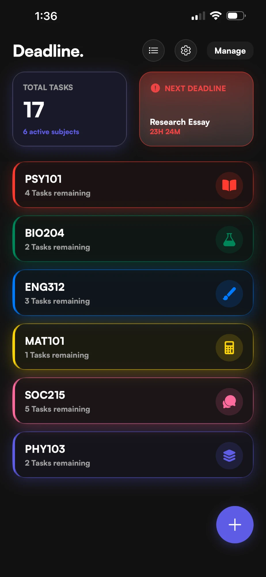 The Deadline dashboard: Total Tasks 17 across 6 active subjects, a Next Deadline card for Research Essay at 23H 24M, and six colour-coded subjects — PSY101, BIO204, ENG312, MAT101, SOC215, PHY103.