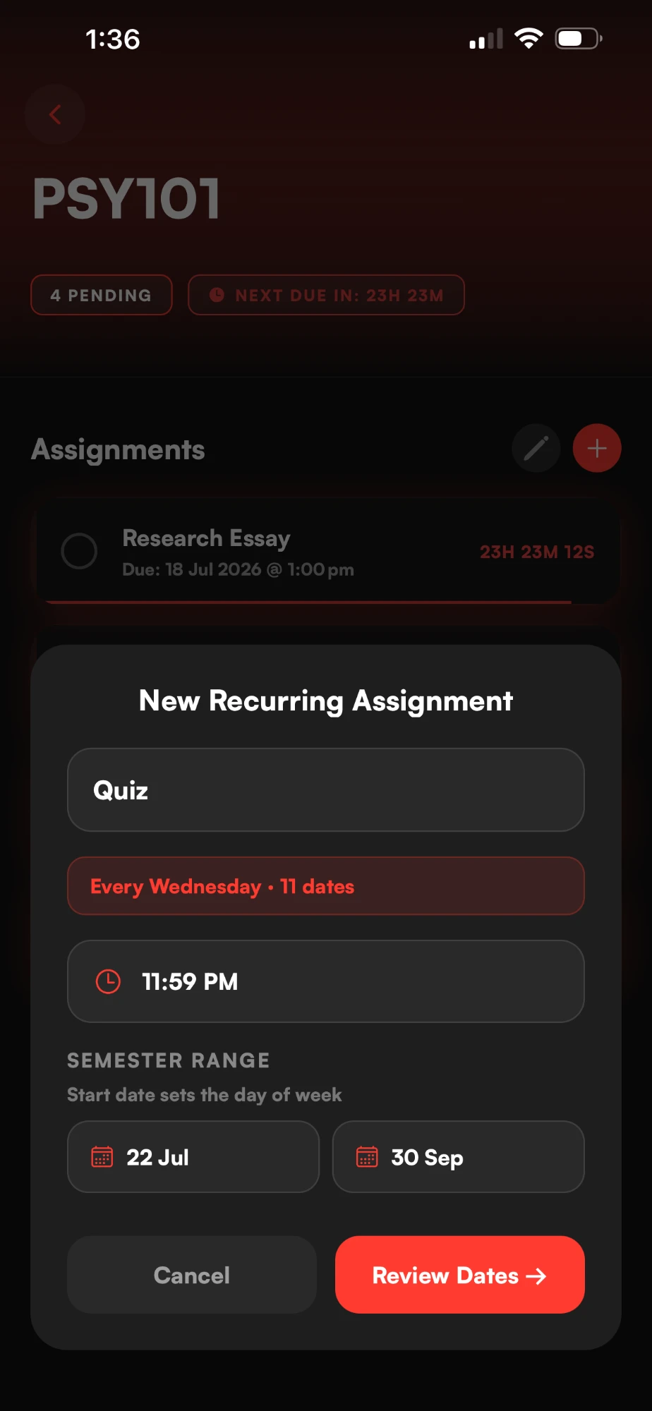 The New Recurring Assignment sheet: a Quiz set for every Wednesday at 11:59 PM, 11 dates between 22 July and 30 September.