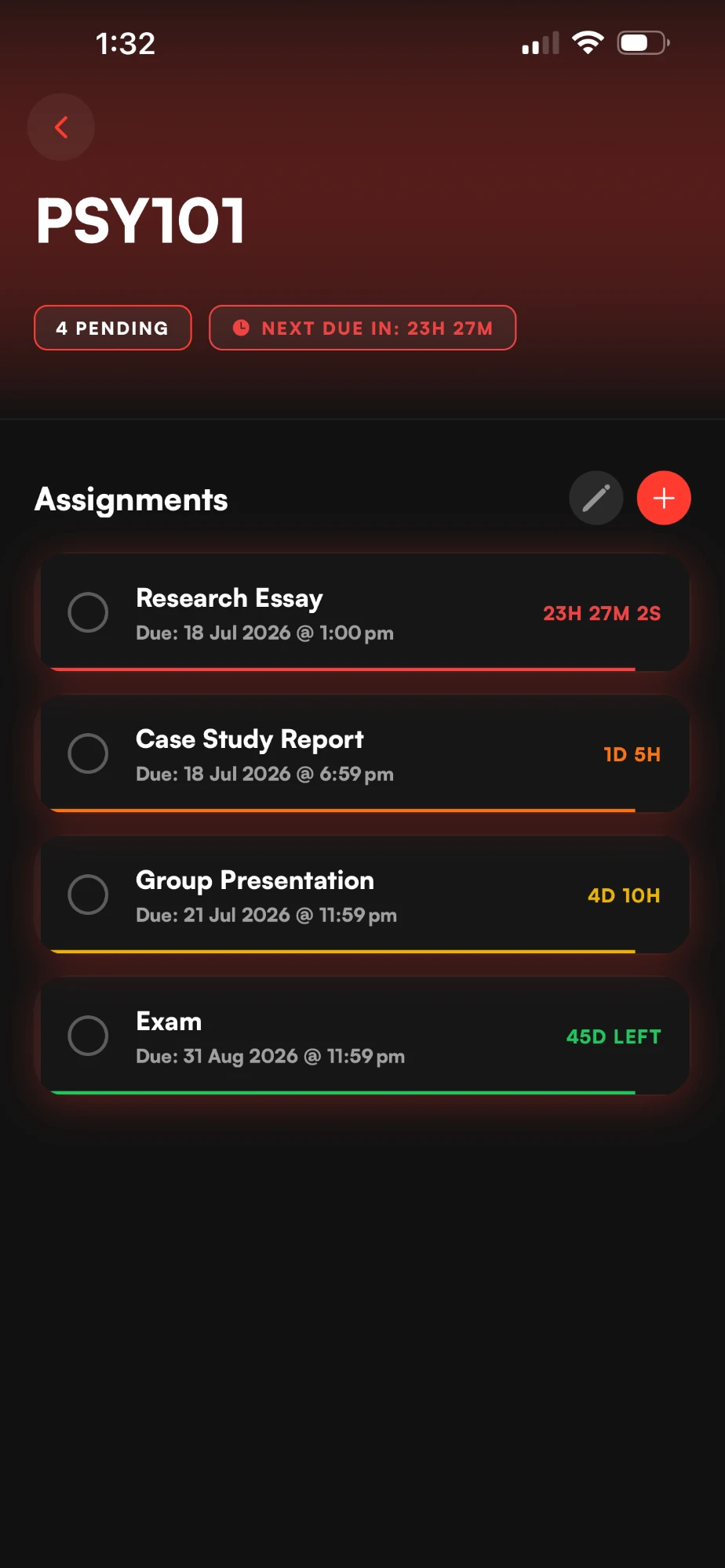 The PSY101 subject screen tinted red, with pending count, next-due pill and four assignment cards.